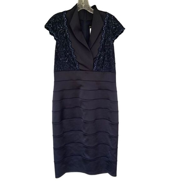 Tadashi Shoji Navy Blue Satin Cocktail Formal Sheath Dress Lace Cap Sleeves 14 - Picture 1 of 6